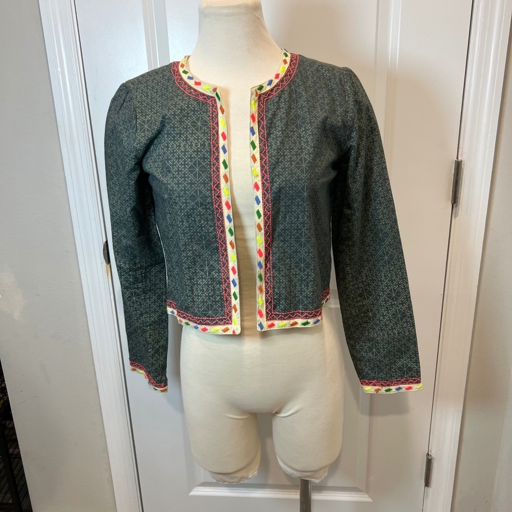 Sybilla Women Cropped Jacket Embroidered Geometric Trim Teal Gray Small